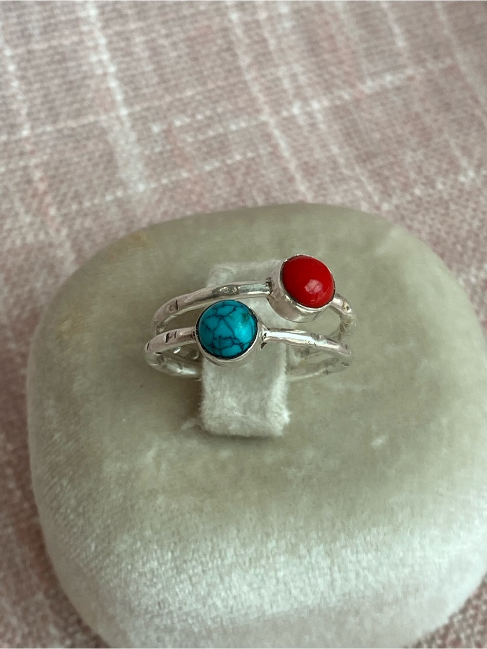 Sterling Silver Turquoise & Red Coral Stacking Rings